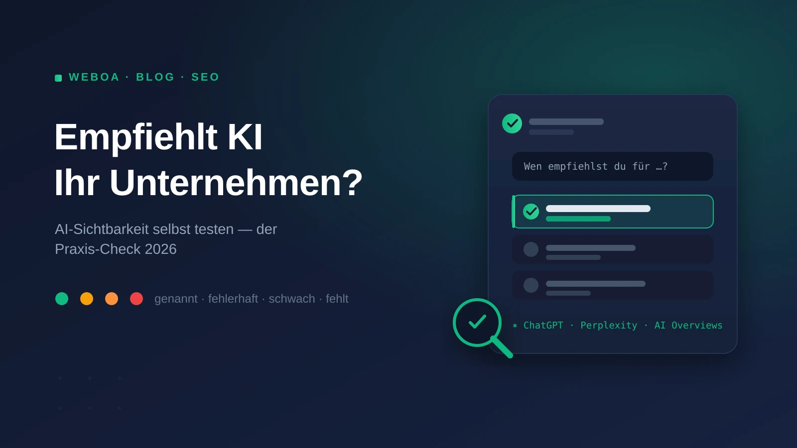 Illustration einer KI-Chat-Antwort, in der ein Unternehmen grün als empfohlen hervorgehoben ist, mit Lupe und Ergebnis-Ampel — Symbolbild für den AI-Sichtbarkeits-Check in ChatGPT, Perplexity und Google AI Overviews