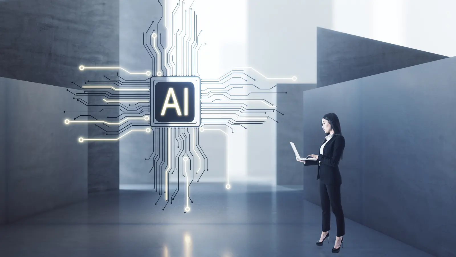 Frau arbeitet konzentriert am Laptop mit AI-Interface — sinnbildlich für Generative Engine Optimization (GEO) und Sichtbarkeit in ChatGPT, Perplexity und Google AI Overviews