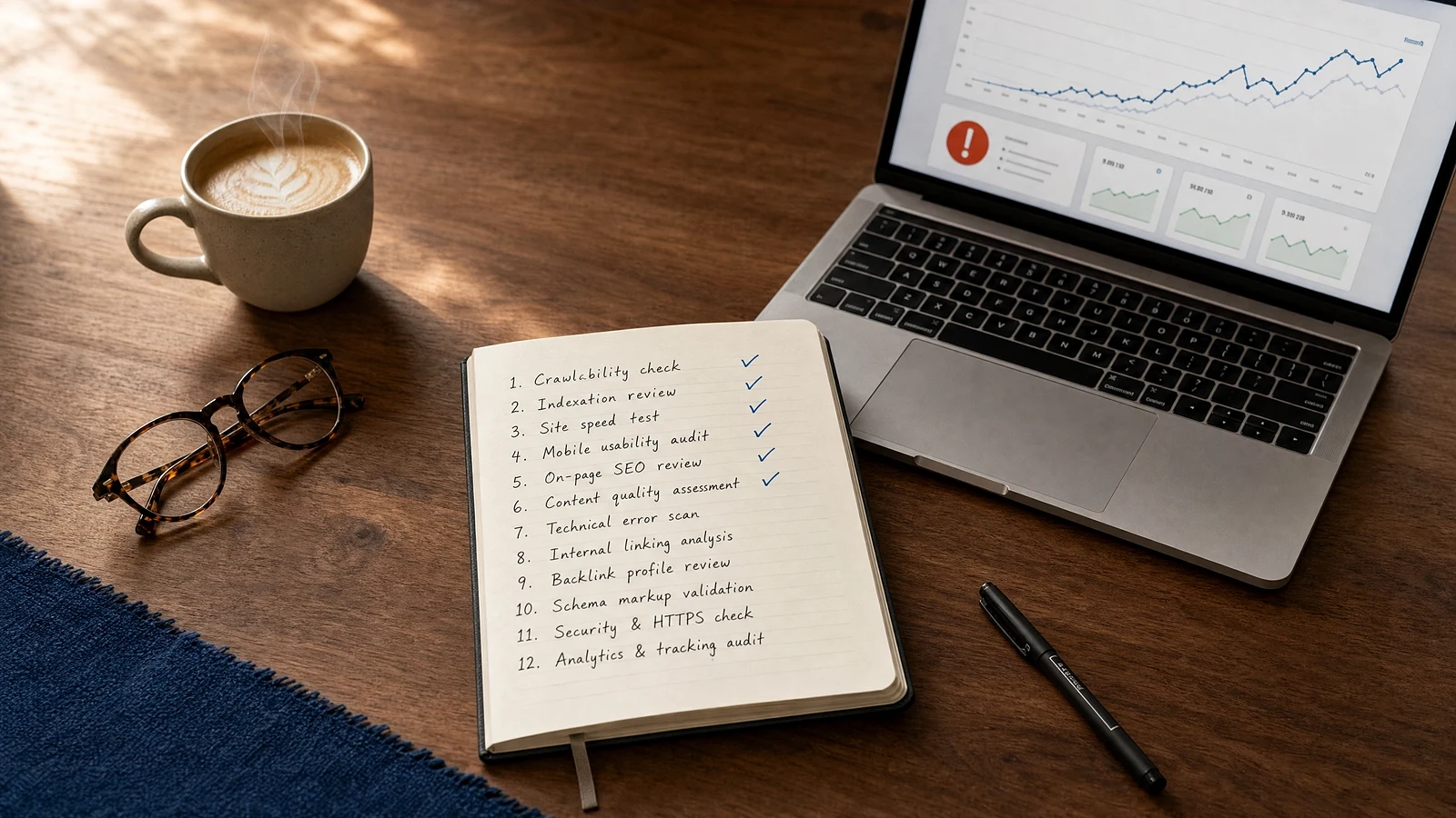 Laptop mit Website-Audit-Report — Visualisierung von Core Web Vitals, SEO-Score und Conversion-Pfaden für Mittelstand-Websites