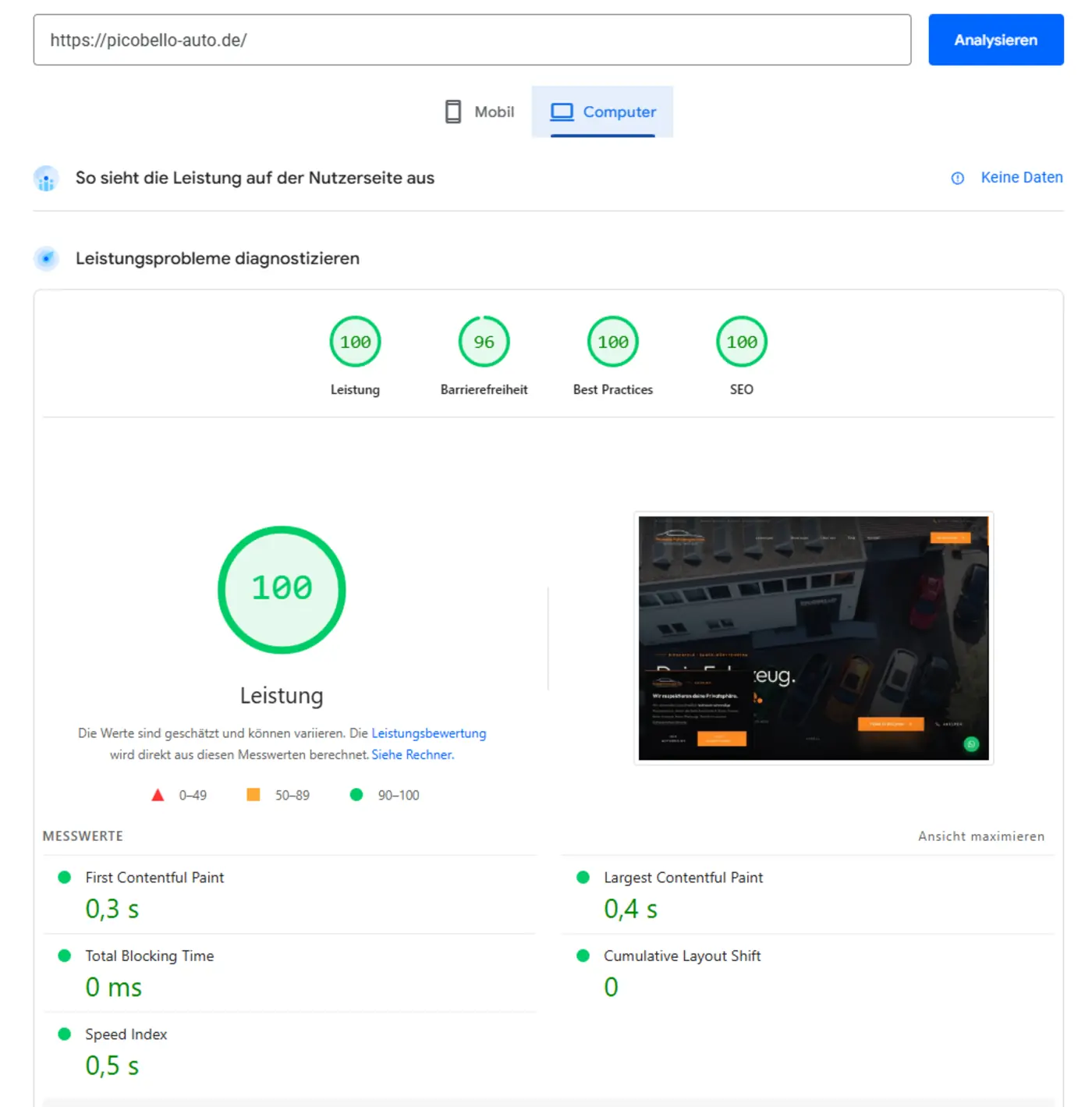 PageSpeed Insights Bericht für picobello-auto.de mit Werten Leistung 100, Barrierefreiheit 96, Best Practices 100, SEO 100 und Core Web Vitals First Contentful Paint 0,3 s, Largest Contentful Paint 0,4 s, Total Blocking Time 0 ms, Cumulative Layout Shift 0